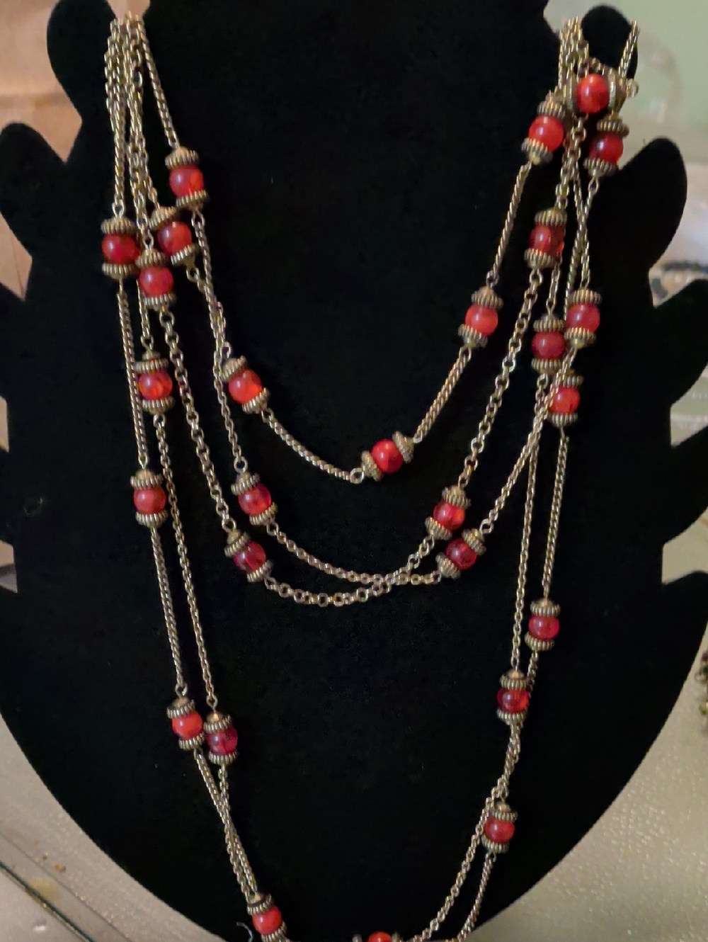 Multi-Strand Gold-Tone Necklace with‎ Red Beads - Women's Jewelry